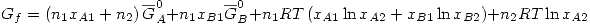 <tex>G_f=\left( n_1x_{A1} +n_2 \right) \overline{G}_A^0 + n_1x_{B1}\overline{G}_B^0 +n_1RT \left(x_{A1}\ln{x_{A2}}+ x_{B1}\ln{x_{B2}} \right)+n_2RT\ln{x_{A2}}</tex>