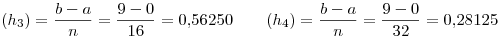<tex>(h_3)=\frac{b-a}{n}=\frac{9-0}{16}=0.56250 \qquad (h_4)=\frac{b-a}{n}=\frac{9-0}{32}=0.28125</tex>