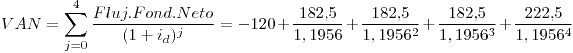 <tex>VAN=\sum_{j=0}^{4}{\frac{Fluj.Fond.Neto}{(1+i_d)^j}}=-120+\frac{182.5}{1,1956}+\frac{182.5}{1,1956^2}+\frac{182.5}{1,1956^3}+\frac{222.5}{1,1956^4}</tex>
