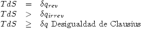 <tex>\begin{array}{rcl}TdS & = & \delta q_{rev} \\TdS & > & \delta q_{irrev} \\TdS & \geq & \delta q\ \mbox{Desigualdad de Clausius} \\ \end{array}</tex>