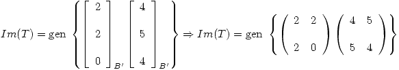 <tex>Im(T) = \mbox{gen } \left\{ \left[ \begin{array}{l} 2\\ \\2\\\\0\\\end{array} \right]_{B^\prime}\left[ \begin{array}{l} 4\\ \\5\\\\4\\\end{array} \right]_{B^\prime} \right\} \Rightarrow Im(T) = \mbox{gen } \left\{ \left( \begin{array}{ll} 2 & 2\\ \\2 & 0\\\end{array} \right) \left( \begin{array}{ll} 4 & 5\\ \\5 & 4\\\end{array} \right) \right\}</tex>