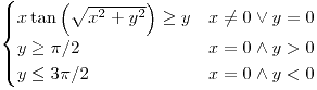 <tex>\begin{cases} x\tan\left(\sqrt{x^{2}+y^{2}}\right)\geq y & x\neq0\vee y=0\\ y\geq\pi/2 & x=0\wedge y>0\\ y\leq3\pi/2 & x=0\wedge y<0 \end{cases}</tex>