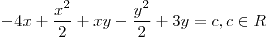 <tex>-4x+\frac{x^2}{2}+xy-\frac{y^2}{2}+3y=c, c \in R</tex> <tex>-4x+\frac{x^2}{2}+xy-\frac{y^2}{2}+3y=c, c \in R</tex>