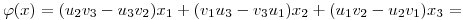 <tex>\varphi(x)=(u_{2}v_{3}-u_{3}v_{2})x_{1}+(v_{1}u_{3}-v_{3}u_{1})x_{2}+(u_{1}v_{2}-u_{2}v_{1})x_{3}=</tex>
