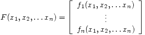 <tex>F(x_1,x_2,\ldots x_n)=\left[\begin{array}{c} f_1(x_1,x_2,\ldots x_n) \\ \vdots \\ f_n(x_1,x_2,\ldots x_n) \end{array} \right]</tex>