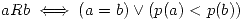 <tex>a R b \iff (a = b) \vee (p(a) < p(b))</tex> <tex>a R b \iff (a = b) \vee (p(a) < p(b))</tex>