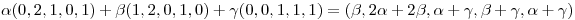 <tex>\alpha(0,2,1,0,1)+\beta(1,2,0,1,0)+\gamma(0,0,1,1,1)=(\beta,2\alpha+2\beta,\alpha+\gamma,\beta+\gamma,\alpha+\gamma)</tex>