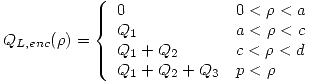 <tex>Q_{L,enc}(\rho)=\left\{ \begin{array}{ll}0           & 0< \rho < a \\Q_1         & a< \rho <c \\Q_1+Q_2     & c< \rho <d \\Q_1+Q_2+Q_3 & p< \rho \end{array}\right.</tex>