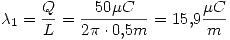 <tex>\lambda_1=\frac{Q}{L}=\frac{50\mu C}{2\pi\cdot 0.5m}=15.9\frac{\mu C}{m}</tex>