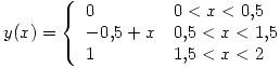<tex>y(x) =  \left\{ \begin{array}{ll} 0 &   0<x<0.5  \\ -0.5 + x & 0.5<x<1.5   \\ 1 &  1.5<x<2 \\\end{array} \right.</tex>