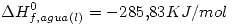 <tex>\Delta H_{f, agua (l)}^{0}=-285.83 KJ/mol</tex> <tex>\Delta H_{f, agua (l)}^{0}=-285.83 KJ/mol</tex>
