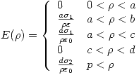 <tex>E(\rho)=\left\{ \begin{array}{ll}0                       & 0<\rho < a \\\frac{a\sigma_1}{\rho\varepsilon}  & a< \rho <b \\\frac{a\sigma_1}{\rho\varepsilon_0}  & a< \rho <c \\0                       & c< \rho <d \\\frac{d\sigma_2}{\rho\varepsilon_0} & p< \rho \end{array}\right.</tex>