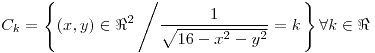 <tex>C_{k}=\left\{ \left(x,y\right)\in\Re^{2}\left/\frac{1}{\sqrt{16-x^{2}-y^{2}}}=k\right.\right\} \forall k\in\Re</tex>