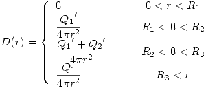 <tex> D(r)=\left\{\begin{array}{lcc}0 & \quad & 0<r<R_1 \\\displaystyle\frac{{Q_1}'}{4\pi r^2} & \quad & R_1<0<R_2 \\\displaystyle\frac{{Q_1}'+{Q_2}'}{4\pi r^2} & \quad & R_2<0<R_3 \\\displaystyle\frac{{Q_1}}{4\pi r^2} & \quad & R_3<r\end{array}\right.  </tex>