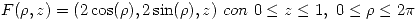 <tex> F(\rho,z) = (2\cos(\rho),2\sin(\rho),z) \ con \ 0 \leq z \leq 1, \ 0 \leq \rho \leq 2\pi</tex>