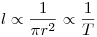 <tex> l \propto \frac{1}{\pi r^2} \propto \frac{1}{T}</tex>