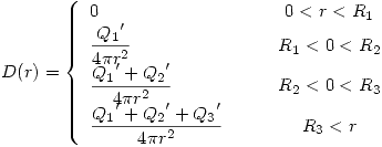 <tex> D(r)=\left\{\begin{array}{lcc}0 & \quad & 0<r<R_1 \\\displaystyle\frac{{Q_1}'}{4\pi r^2} & \quad & R_1<0<R_2 \\\displaystyle\frac{{Q_1}'+{Q_2}'}{4\pi r^2} & \quad & R_2<0<R_3 \\\displaystyle\frac{{Q_1}'+{Q_2}'+{Q_3}'}{4\pi r^2} & \quad & R_3<r\end{array}\right. </tex>