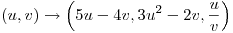 <tex>(u,v) \rightarrow \left(5u-4v,3u^2-2v,\frac{u}{v}\right)</tex>