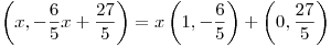 <tex>\left( x, -\frac {6}{5}  x +   \frac {27}{5} \right) = x \left( 1,  -\frac {6}{5} \right) + \left( 0,  \frac {27}{5} \right)</tex>