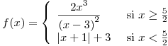 <tex>f(x)=\left\{ \begin{array}{lr} \displaystyle \frac{2x^3}{{(x-3)}^2} & \mbox{ si } x\geq \frac{5}{2} \\ |x+1|+3 & \mbox{ si } x<\frac{5}{2} \end{array} \right. </tex>