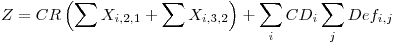 <tex>Z=CR\left( \mathop{\sum}X_{i,2,1}+\mathop{\sum}X_{i,3,2} \right) + \mathop{\sum}_{i} CD_{i} \mathop{\sum}_{j} Def_{i,j}</tex>