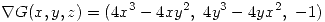 <tex> \nabla G(x,y,z)=(4x^3 -4x y^2,\ 4y^3-4y x^2,\ -1)   </tex>
