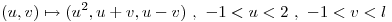 <tex>(u, v) \mapsto  (u^2, u + v, u - v) \ , \ -1 < u < 2 \ , \ -1 < v < l</tex>