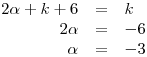 <tex>\begin{array}{rcl} 2\alpha + k+6 & = & k \\ 2 \alpha & = & -6 \\ \alpha & = & -3 \end{array}</tex>