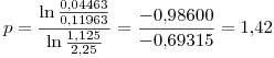 <tex>p=\frac{\ln \frac{0.04463}{0.11963}}{\ln \frac{1.125}{2.25}}=\frac{-0.98600}{-0.69315}=1.42</tex>