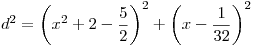 <tex>d^2  = \left( {x^2  + 2 - \frac{5}{2}} \right)^2  + \left( {x - \frac{1}{{32}}} \right)^2</tex>
