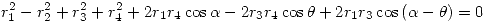<tex>r_1^2-r_2^2+r_3^2+r_4^2+2r_1r_4\cos{\alpha}-2r_3r_4\cos{\theta}+2r_1r_3\cos{(\alpha-\theta)}=0</tex>